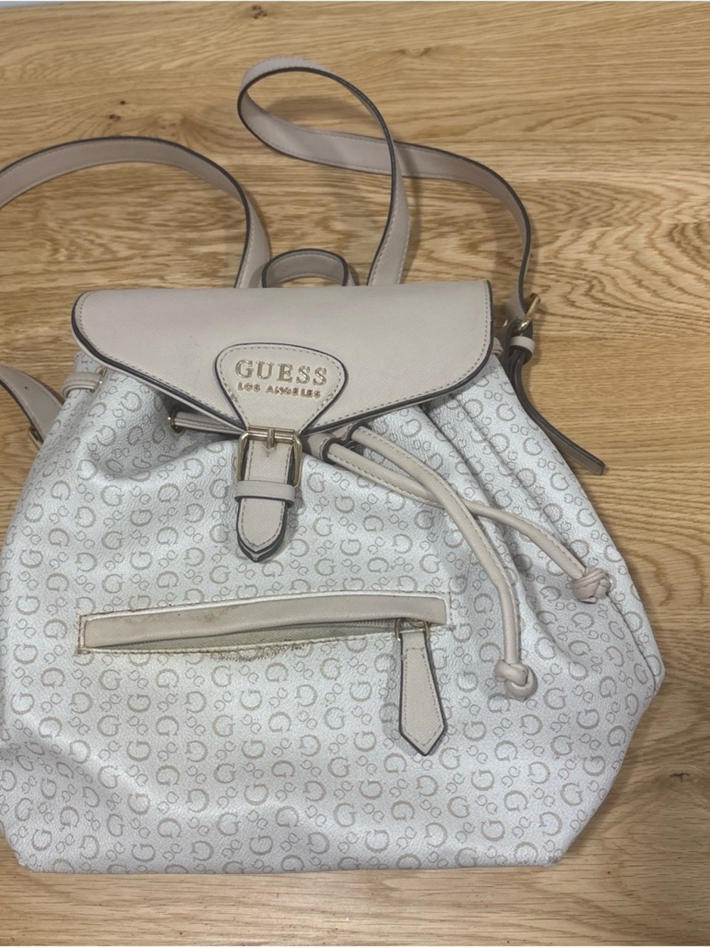 GUESS Cream Logo Drawstring Backpack with Front Pocket
